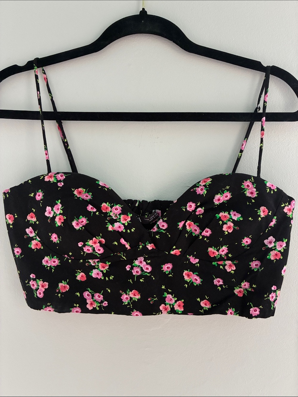 Zara Black Floral Cropped Bustier Top with Pink Roses medium
